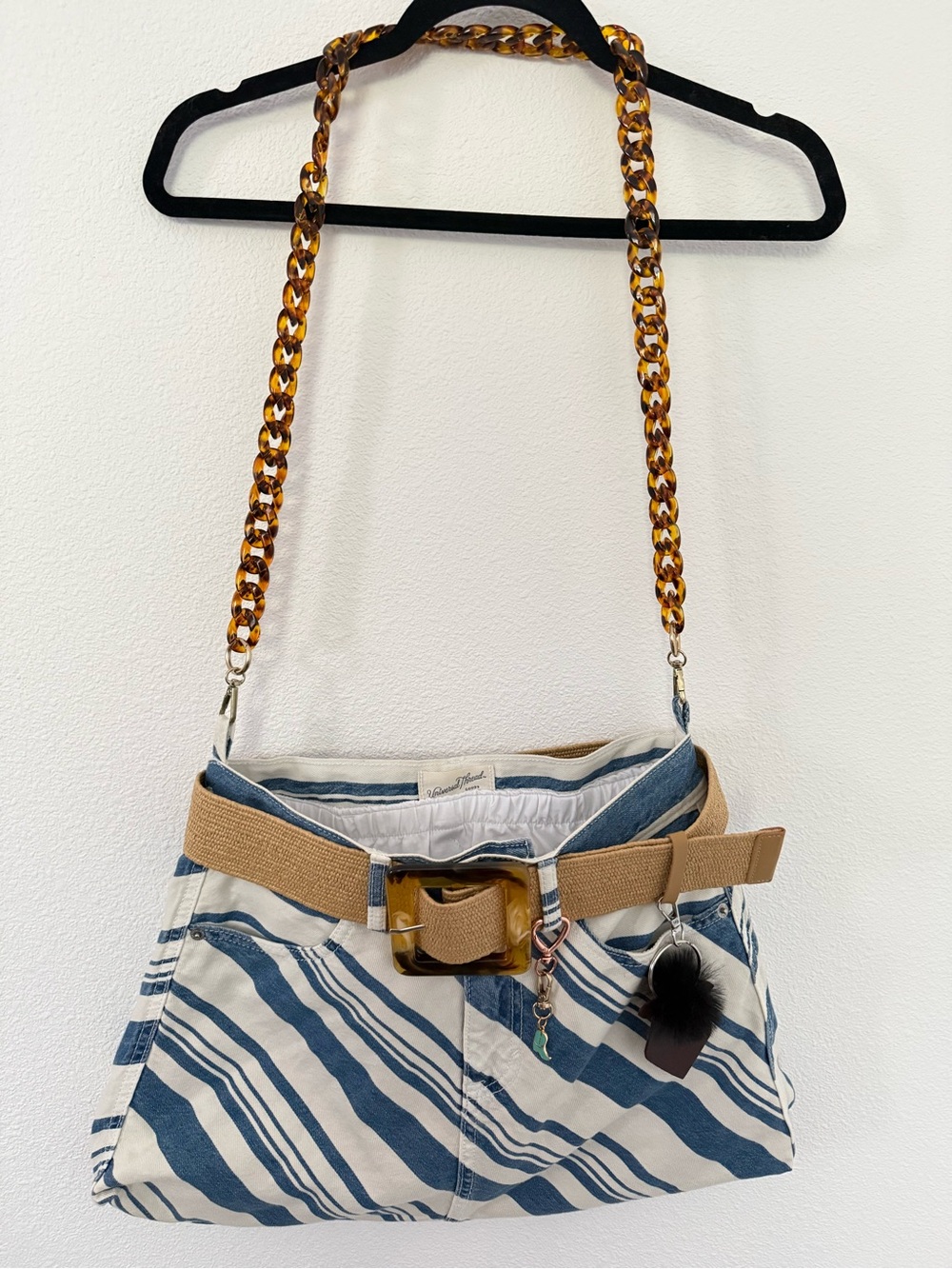 Reworked Upcycled Stripe Denim Handbag Tortoise Shell Resin Chain Accent Bag